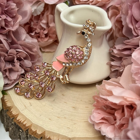 Beautiful Golden and Pink Crystal Peacock Keychain Charm - Picture 4 of 15